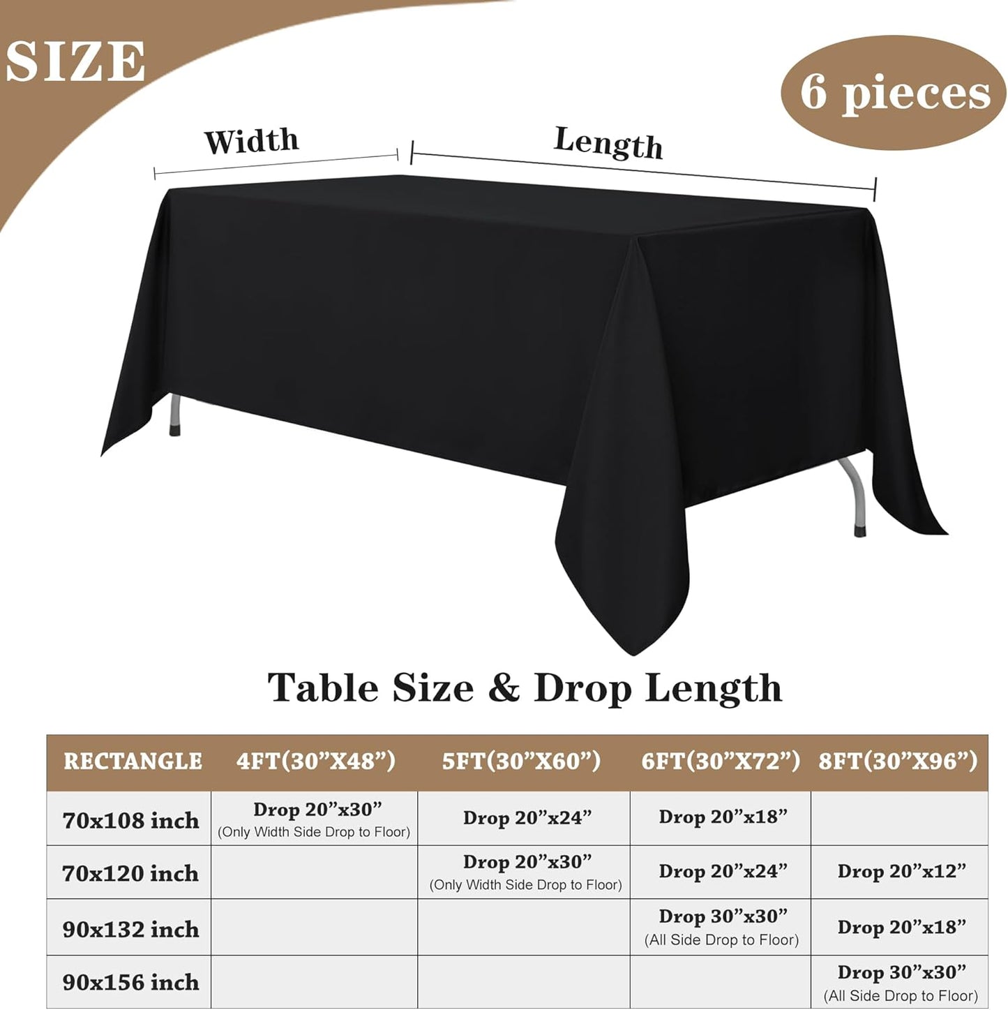 Fitable Black Tablecloths for Rectangle Tables, 6 Pack - 70 x 120 Inches - Reusable and Washable Table Clothes for 6-8 Ft Tables, Polyester Fabric Table Covers for Wedding, Party, Banquet