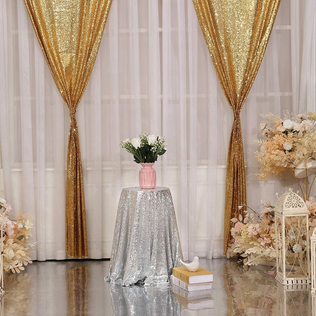 Poise3EHome Gold Sequin Backdrop Curtain 2 Panels 2ft x 8ft Gold Sequin Backdrop for Party Decoration