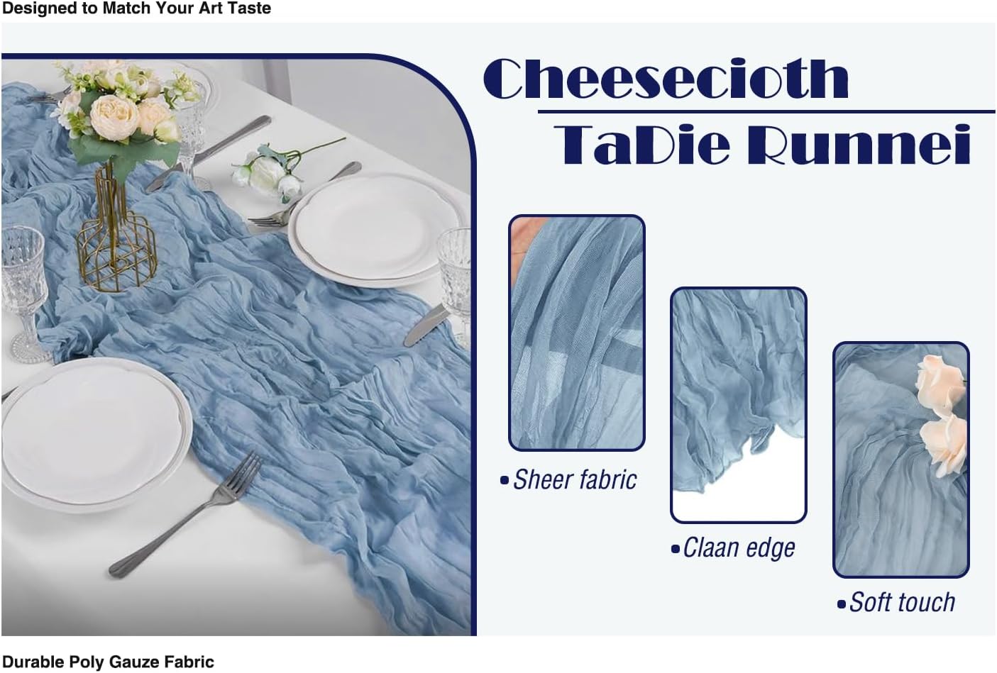 12 Pack Dusty Blue 10 Ft Cheesecloth Table Runner 20x120 Inch Boho Wrinkled Sheer Romantic Gauze Decor for Wedding, Bridal Shower, Birthday Party