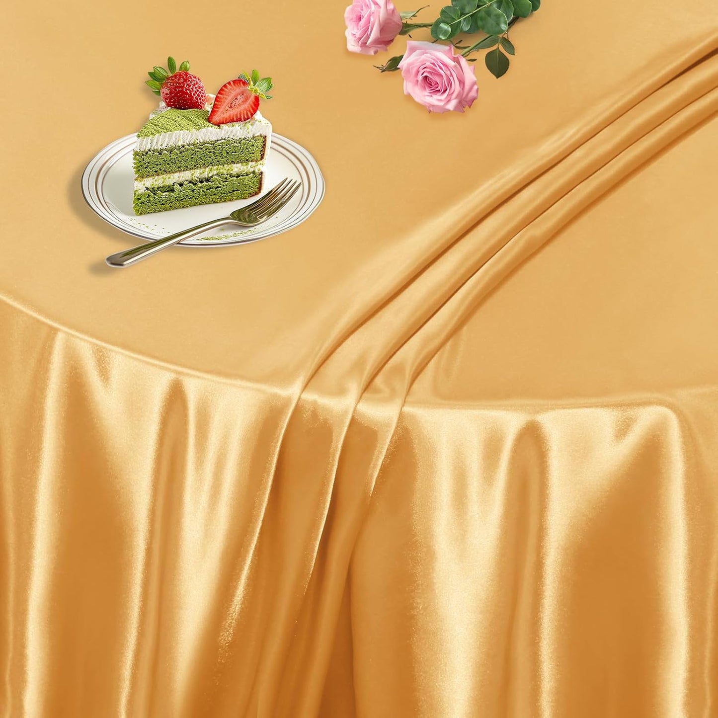 KKJIAF 1 Pack Round Table Cloths 90 Inch, Gold Overlay Round Satin Table Cover, Silky Satin Dining Tablecloths for Wedding Buffet Parties Banquet Decoration