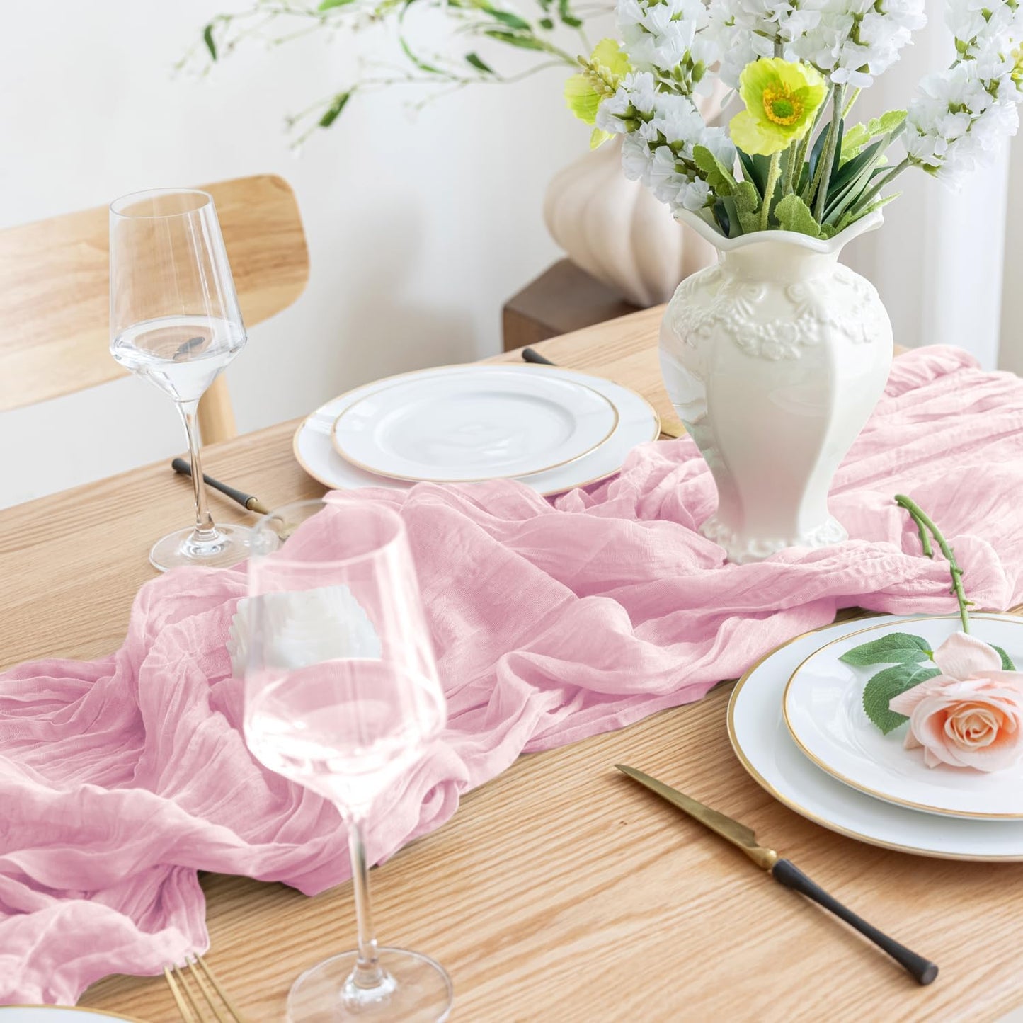 Asee'm Cheesecloth Table Runner 120 Inches Blushing Pink Boho Gauze Cheese Cloth Runner 10FT Rustic Sheer Fall Table Runners for Thanksgiving Wedding Baby Shower Holiday Party Decoration