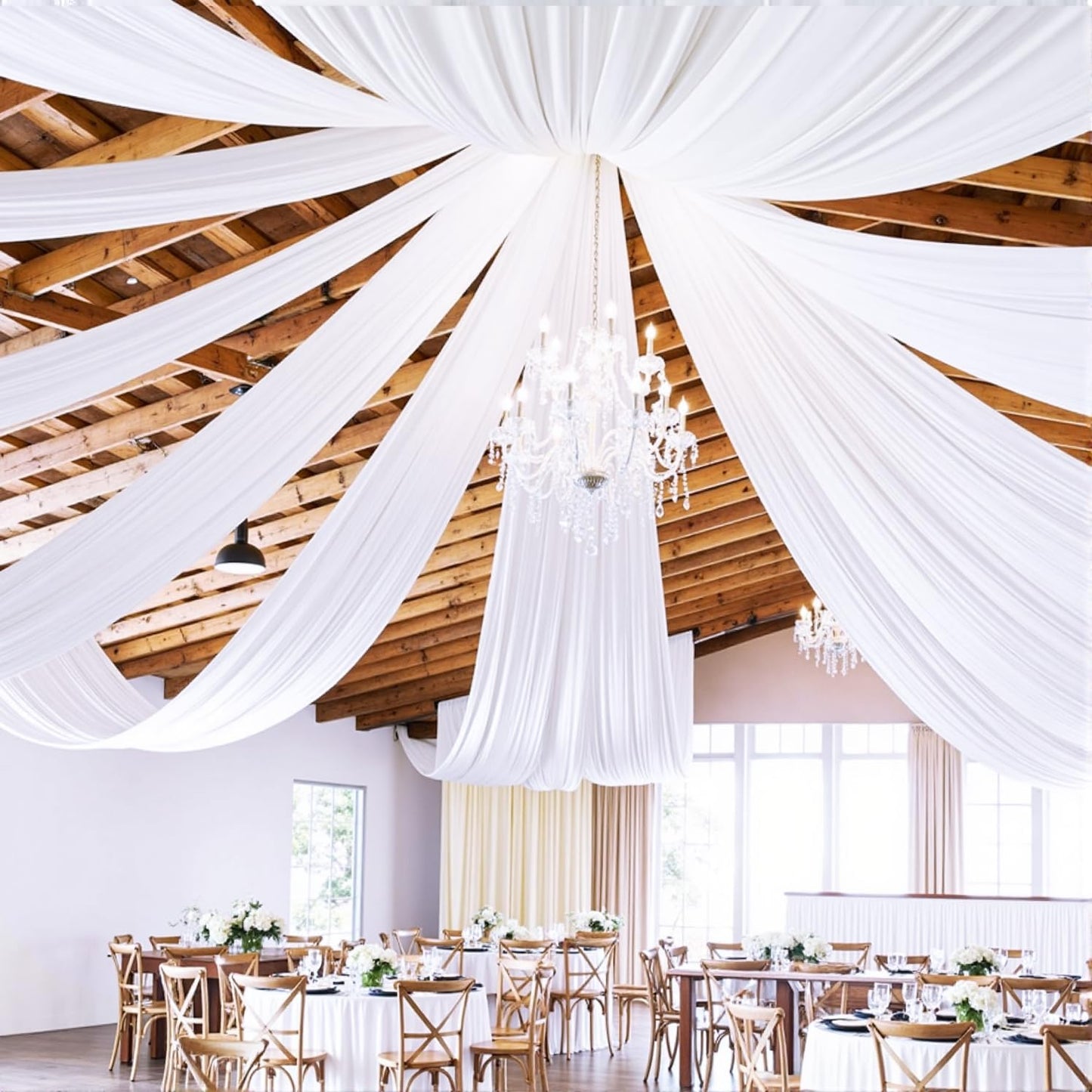 PartyVillage 6 Panels 5ftx30ft White Ceiling Drapes for Wedding Parties – 30 FT Extra Long Thick Polyester Wrinkle-Free Drapery Tent Decor Decorations for Birthday Party Ceremony Stage Swag