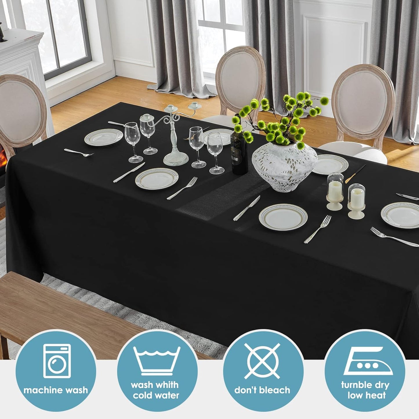 VidaFete Tablecloth 90 * 156inch Rectangle Table Cloth Polyester, Stain Wrinkle Resistant Polyester Dining Table Cover for Kitchen Dinning Party Wedding Rectangular Tabletop Buffet Decoration(Black)