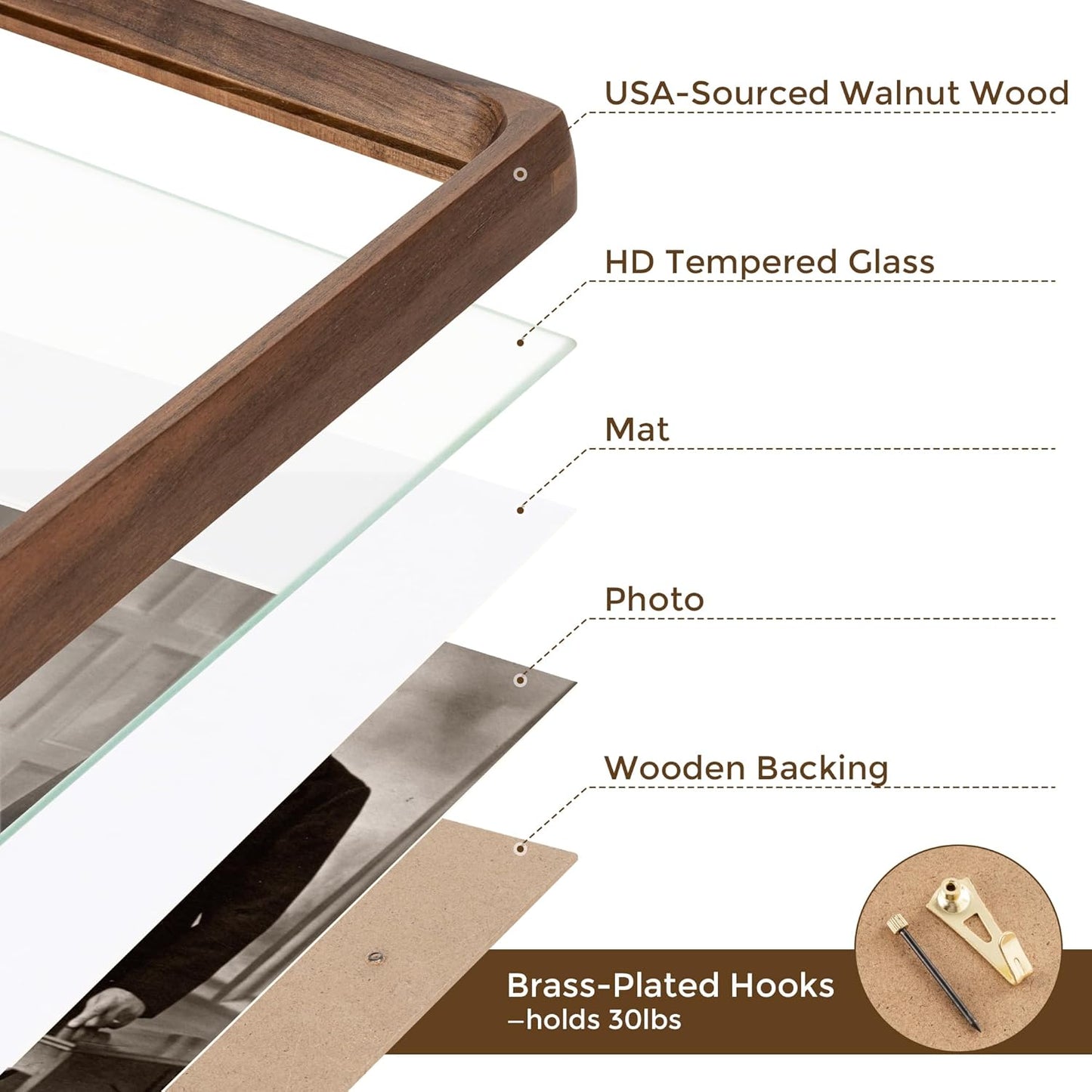 8.5x11 Picture Frame USA-Sourced Natural Walnut Wood Solid Original Wood Photo Frame Handcrafted Rounded Corner with Mat to 6x8 Picture Display with Real Glass Famil Photo, Certificate