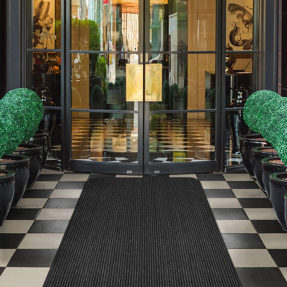 House, Home and More Indoor Outdoor Double-Ribbed Carpet Runner with Skid-Resistant Rubber Backing - Smokey Black - 4 Feet x 20 Feet
