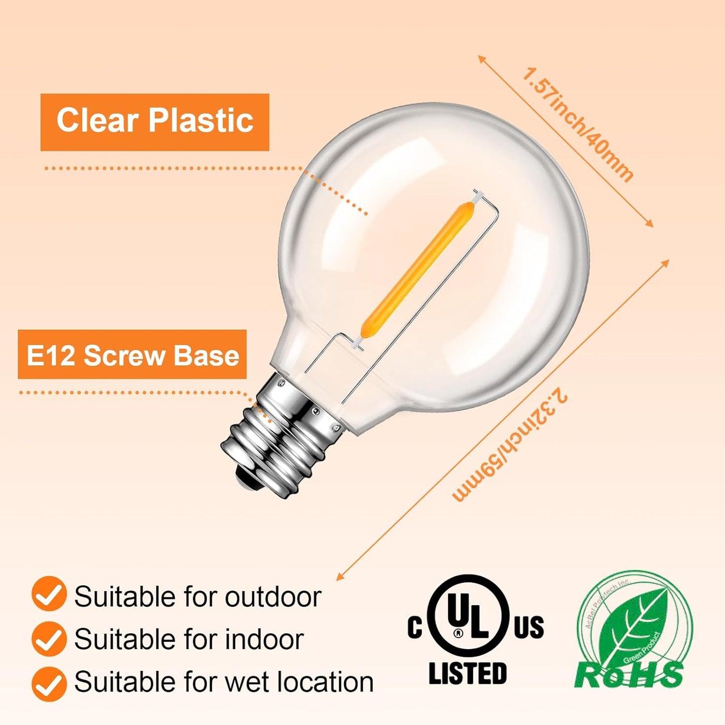 50 Pack G40 LED Replacement Bulbs for Outdoor String Lights, Dimmable, Warm White, E12 Screw Base, Waterproof LED Globe Bulbs Light for Indoor Outdoor Patio Cafe Decor
