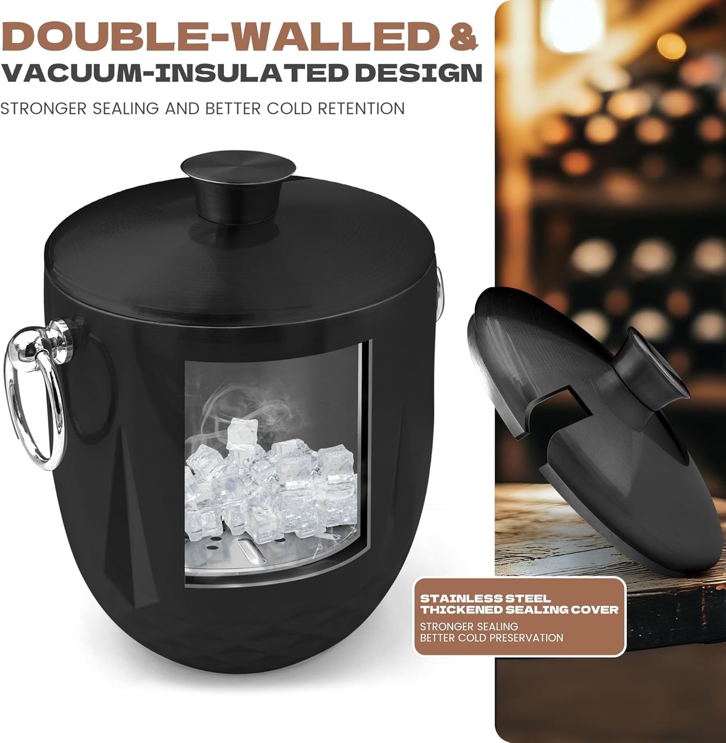 3L Ice Buckets for Parties and Cocktail Bar with Stainless Steel Lid,Tongs & Strainer(Black) Double-Wall Insulated Metal Ice Bucket Keep Ice Frozen Longer for Outdoor Champagne Ice Container Bin