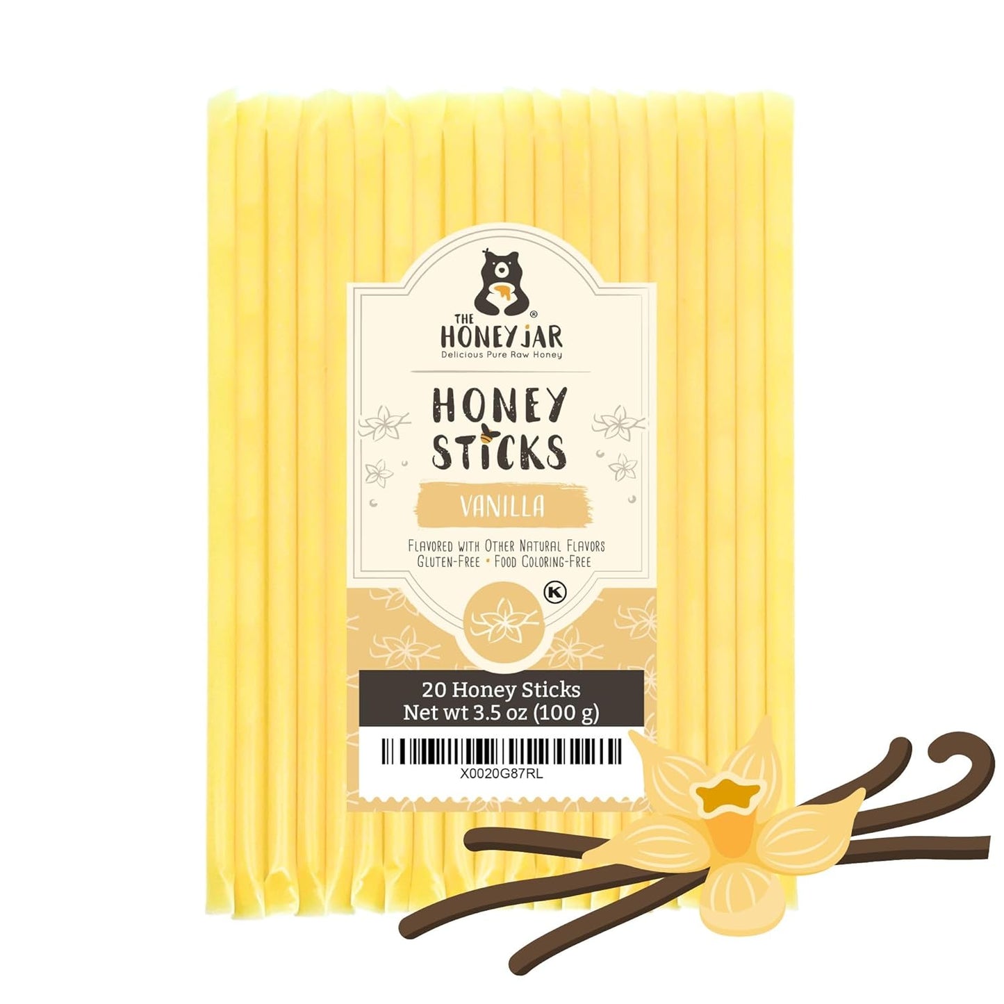 The Honey Jar Vanilla Flavored Honey Sticks - Pure Honey Straws For Tea, Coffee, or a Healthy Treat - One Teaspoon of Flavored Honey Per Stick - Made In The USA with Real Honey - (20 Count)