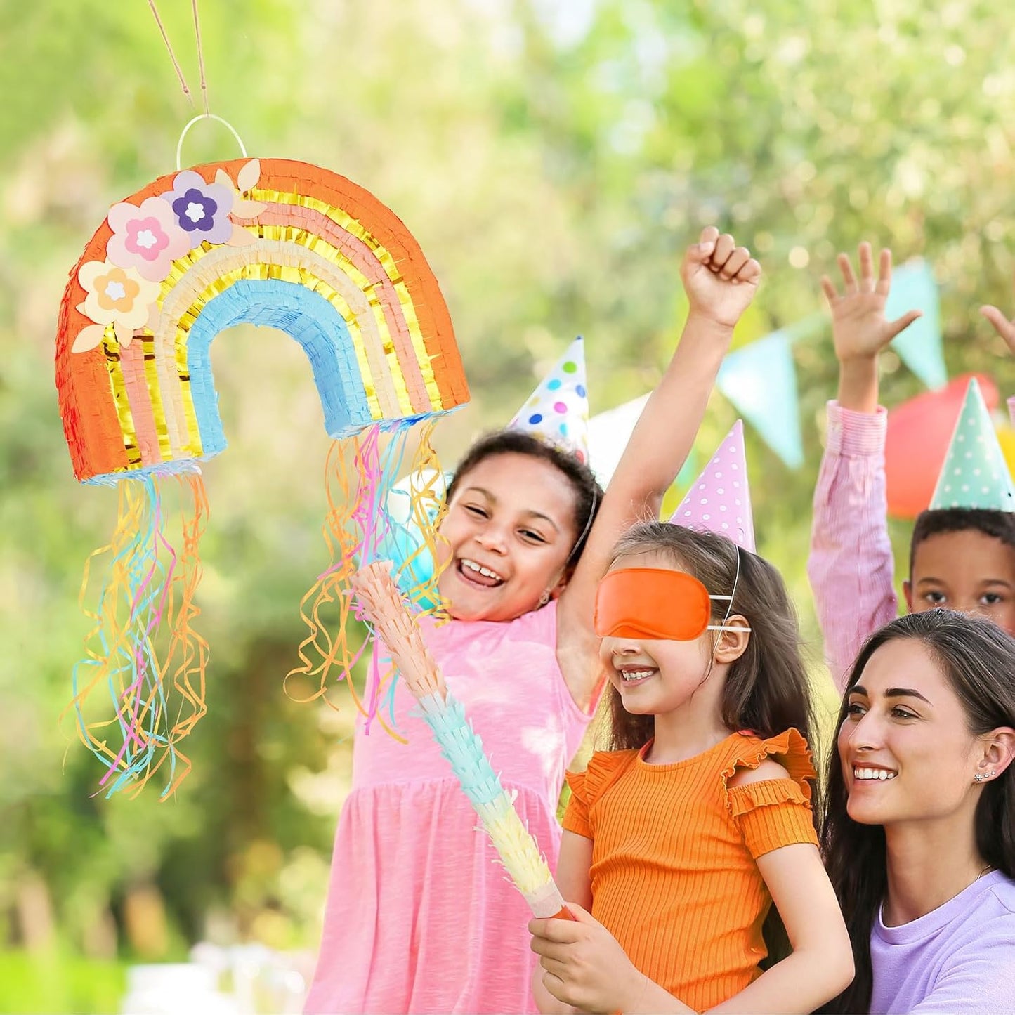 WERNNSAI Rainbow Pinata - Rainbow Pull String Pinata with Bundle with Blindfold and Bat for Girls Kids Piñata Boho Theme Birthday Party Decoration Game for Baby Shower Carnival Summer Party Supplies