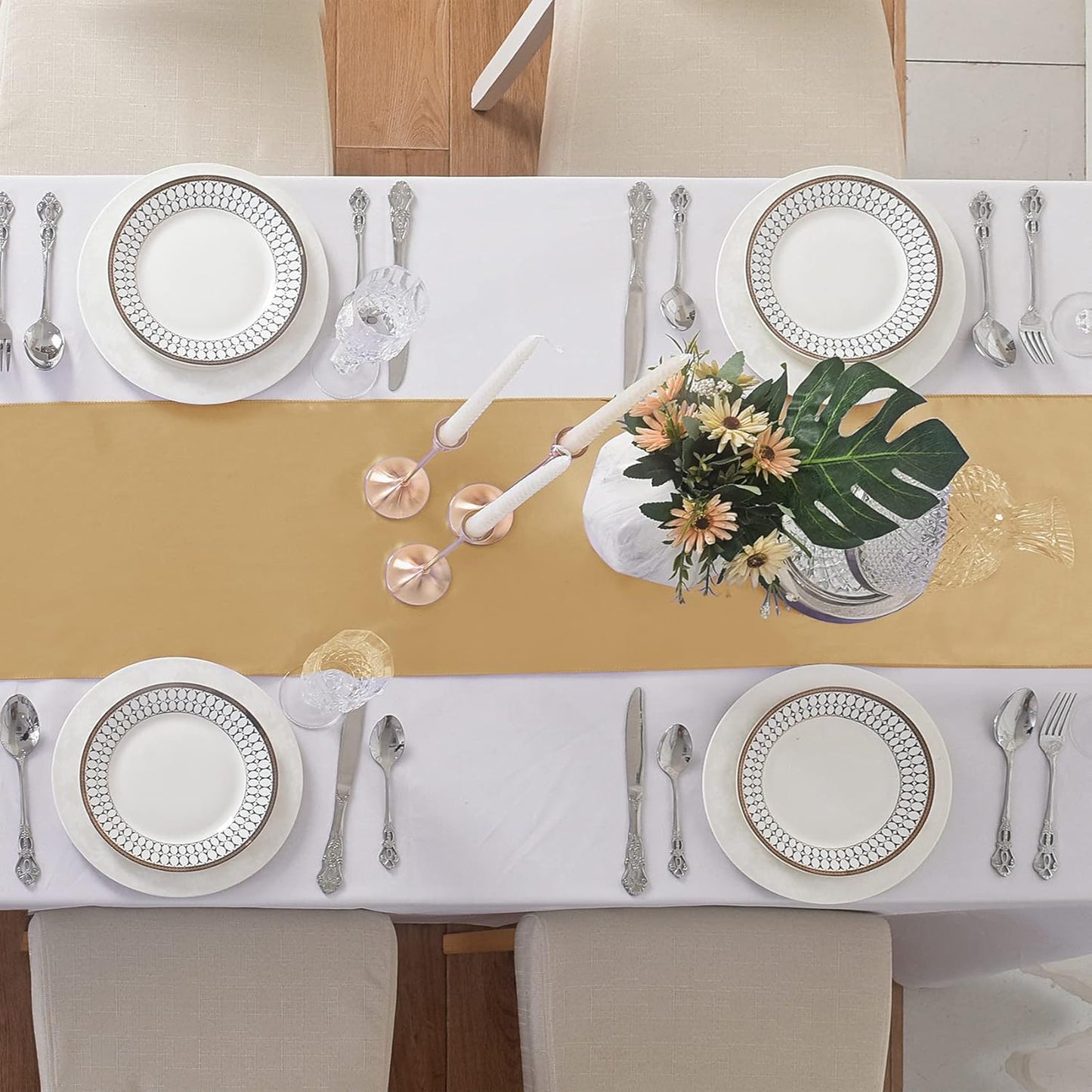 12Pack Table Runner 12 x 108 Inches Satin Silk Table Runner for Wedding, Birthday Party, Banquets, Graduations Decoration, fit Rectange and Round Table-Champagne