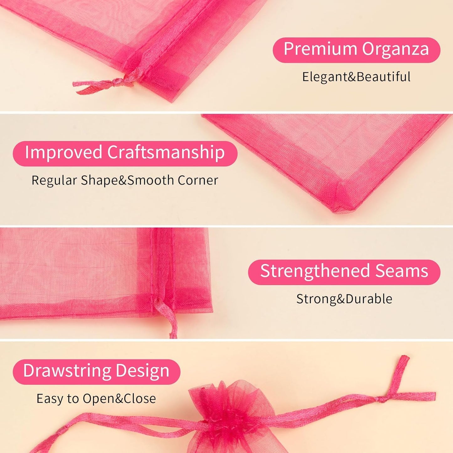50 Pcs Hot Pink Organza Bags, 3x4 Inch Small Mesh Bags Drawstring Jewelry Pouch Gift Bag Goodie Bag for Wedding Party Favor