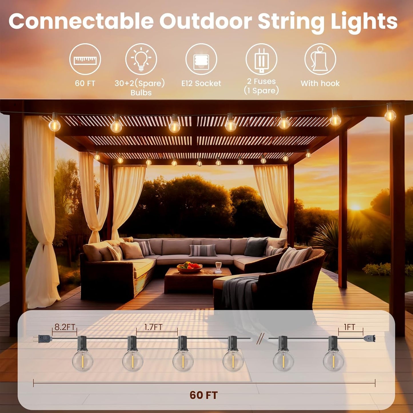 RTTY Outdoor String Lights 60 ft, G40 Led Patio Globe Lights with 32pcs Plastic Bulbs,Shatterproof Waterproof Connectable Hanging for Porch Cafe Bistro Backyard Gazebo Balcony Deck Party