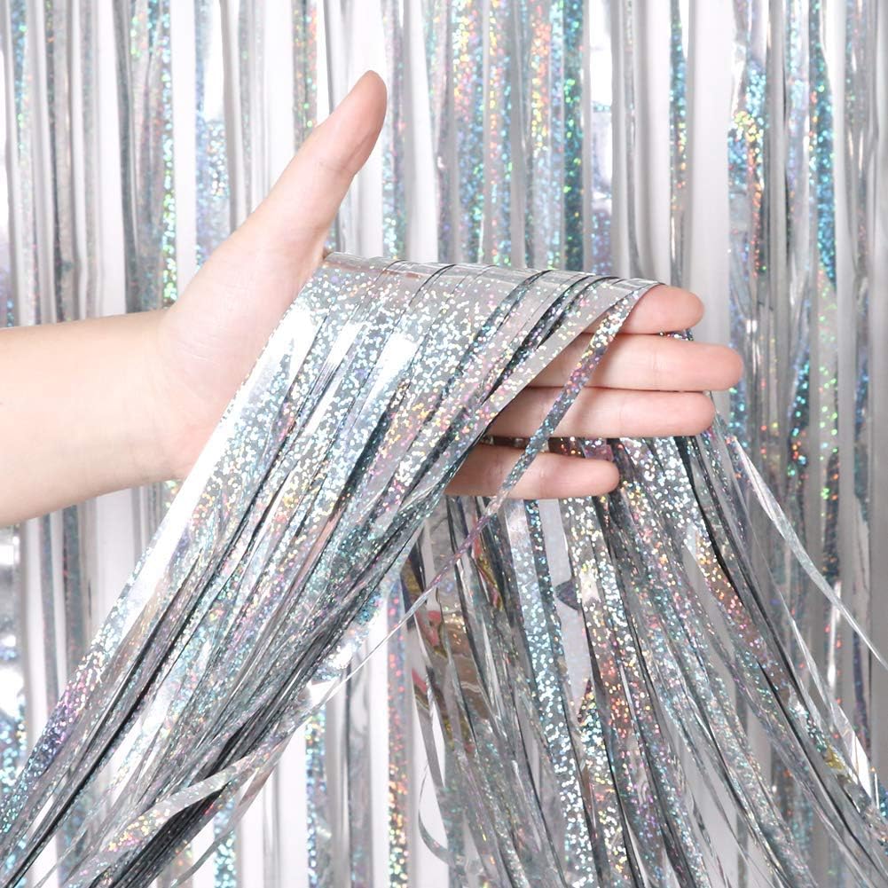 BTSD-home 4 Pack Laser Silver Foil Fringe Curtain Holographic, Metallic Photo Booth Tinsel Backdrop Door Curtains for Wedding Birthday Baby Shower Bachelorette Party Decorations(3ft x 8ft)