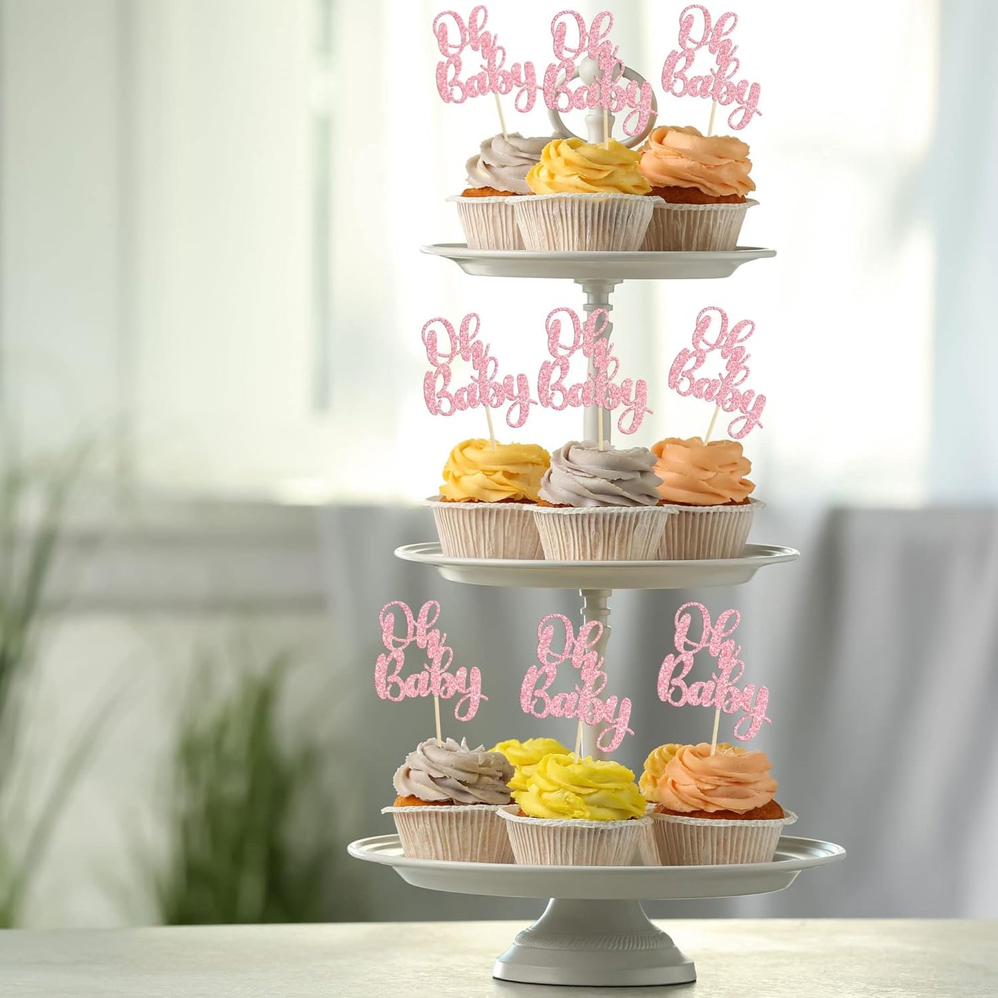 Gyufise 36 Pack Pink Glitter Oh Baby Cupcake Topper Picks for Baby Shower Party Cake Decorations Party Supplies