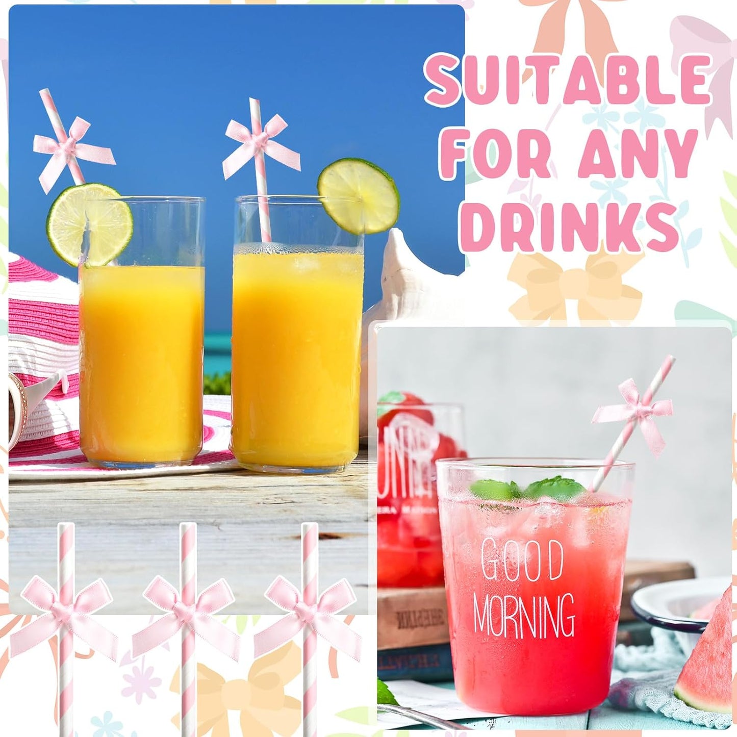 150 Pcs Pink Paper Straws for Drinking, Bow Disposable Striped Paper Straws Bulk Pink Theme Birthday Party Supplies for Wedding Cake Decorations Bachelorette Baby Shower
