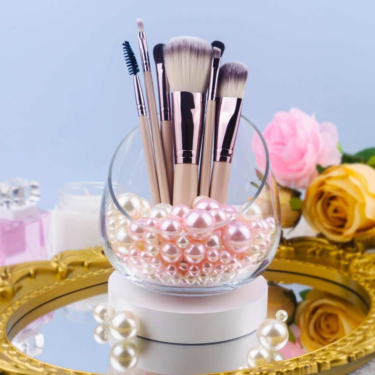 300Pcs Cream&Pink Polished No Hole Faux Pearl Beads for Vase Filling Decorations, Plastic Pearls Vase Fillers, Table Scatters, Wedding Centerpiece, Home Decor, 8/14/20 mm