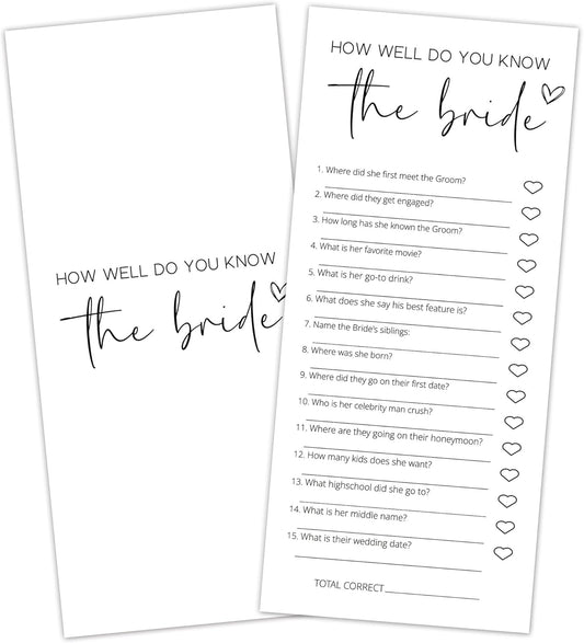 Bridal Shower Games, How Well Do You Know the Bride, 25Pcs 4x9inch Minimalist White Double-Sided Bridal Game Cards, Wedding Shower Games for Guests, Engagement Bachelorette Party Supplies - A11