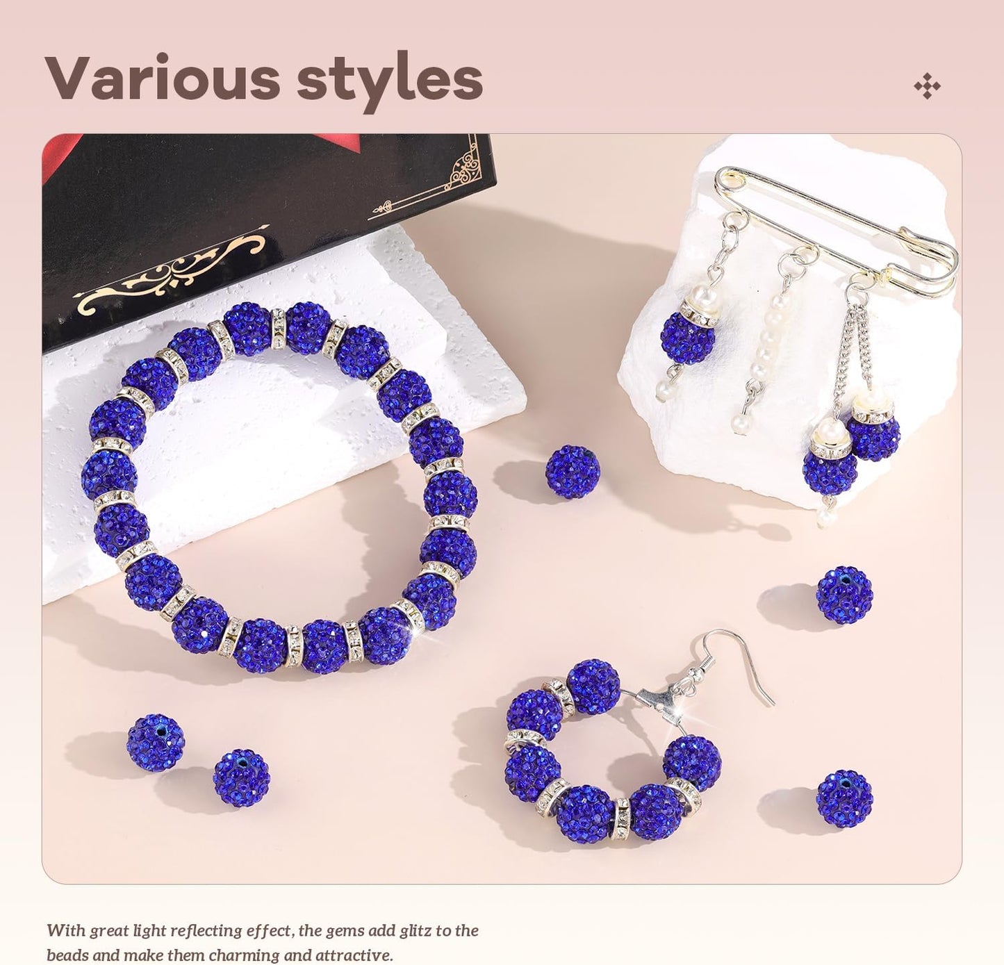 105pcs 10mm Rhinestone Beads for Jewelry Making, Dark Blue Shiny Round Disco Ball Beads Bulk, Sparkle Crystal Clay Christmas for Bracelet Baseball Necklace Earring Crafting and DIY