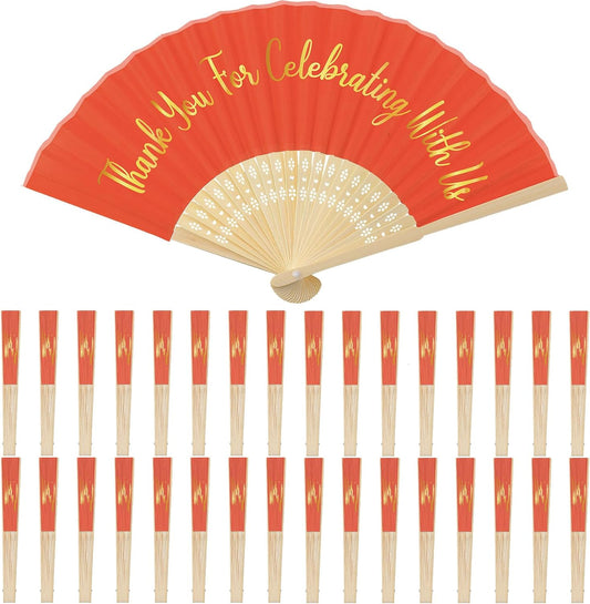 Jetec 50 Pcs Wedding Fans for Guests Bulk Silk Hand Fans Handheld Folded Thank You for Celebrating with Us Wedding Favors for Bridal Bridesmaid Baby Shower Dancing Party Church Gift(Orange)
