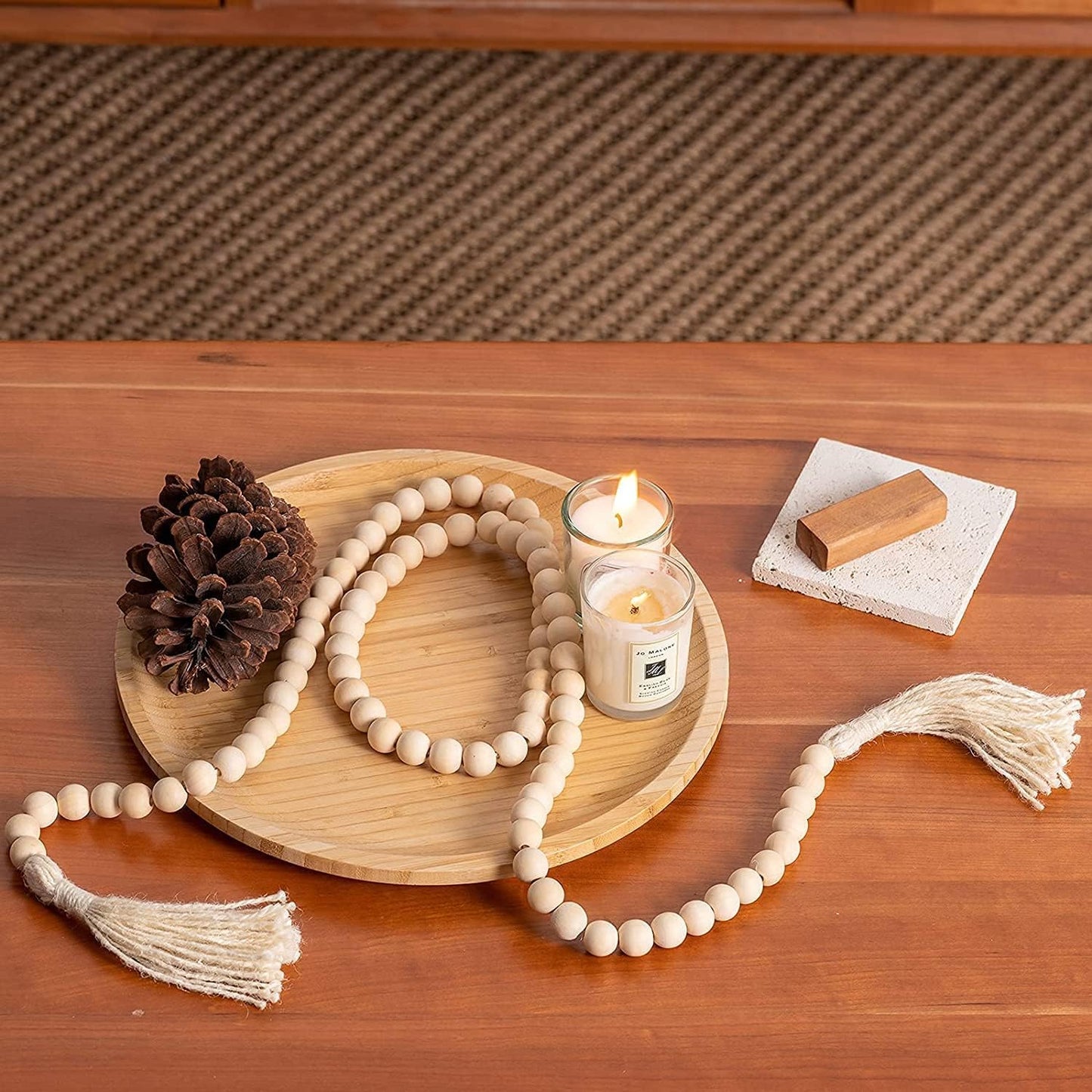 DECORKEY Wooden Beads, 58 Inch Farmhouse Wood Beads Garland for Boho Decor with Tassels, Rustic Country Decor for Coffee Table, Home, Living Room, Bedroom