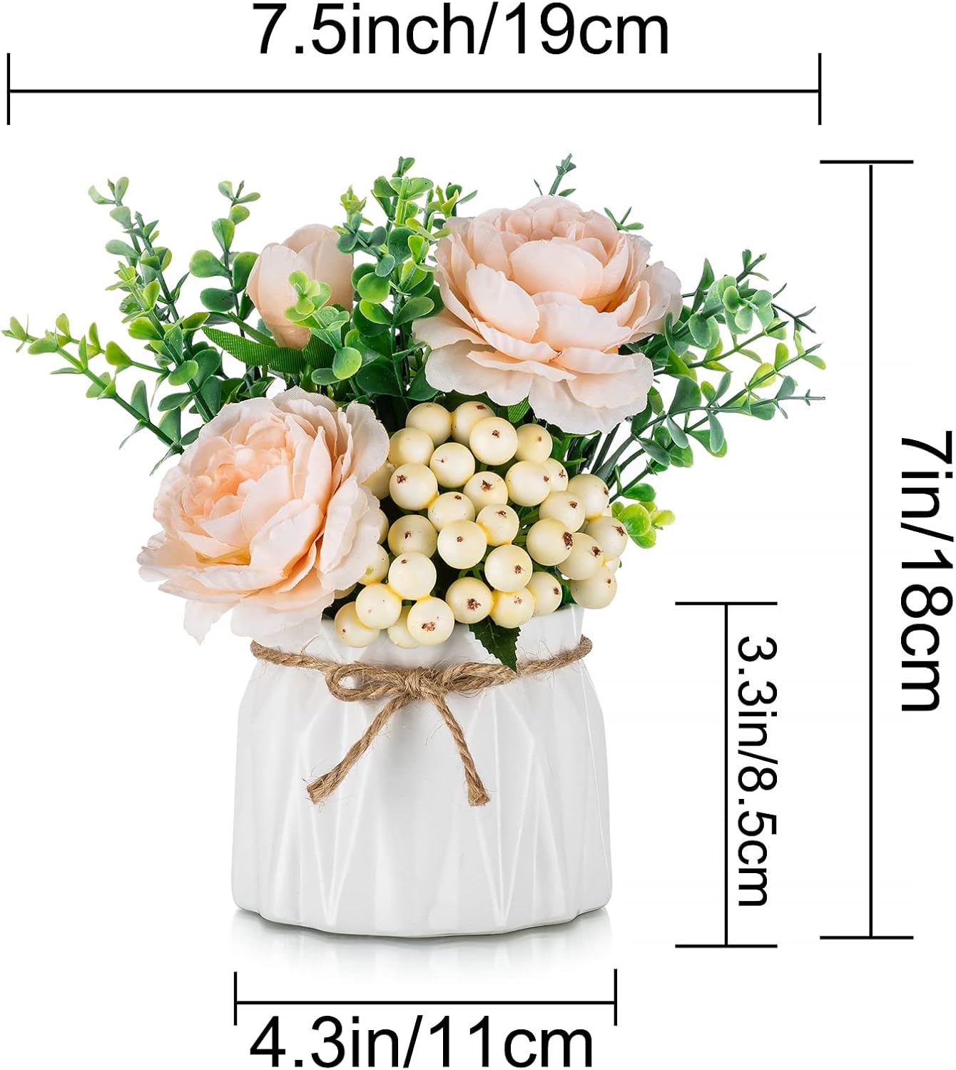 BLOSMON Table Decor Artificial Flowers Vase 7 Inch Small Fake Flower White Arrangement 2pcs Floral Arrangement for Tables Centerpieces Kitchen Dining Room Decorations Faux Flower in Vase Silk Roses