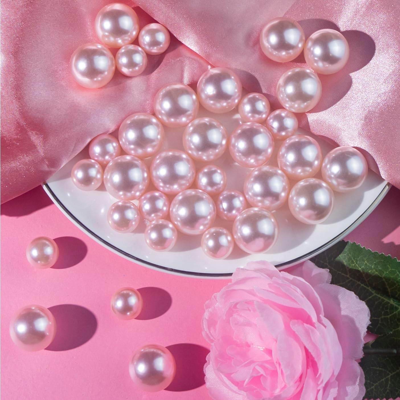 300Pcs Pink Polished No Hole Faux Pearl Beads for Vase Filling Decorations, Plastic Pearls Vase Fillers, Table Scatters, Wedding Centerpiece, Home Decor, 8/14/20 mm
