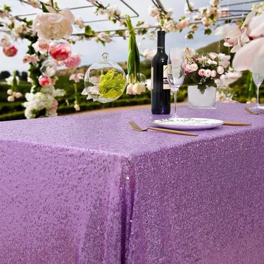 QueenDream Sequin Tablecloth 90"x132" Lavender Party Tablecloth Rectangular Seamless Sequin Table Cloth Overlay Glitter Wedding Birthday Bridal Shower Decoration