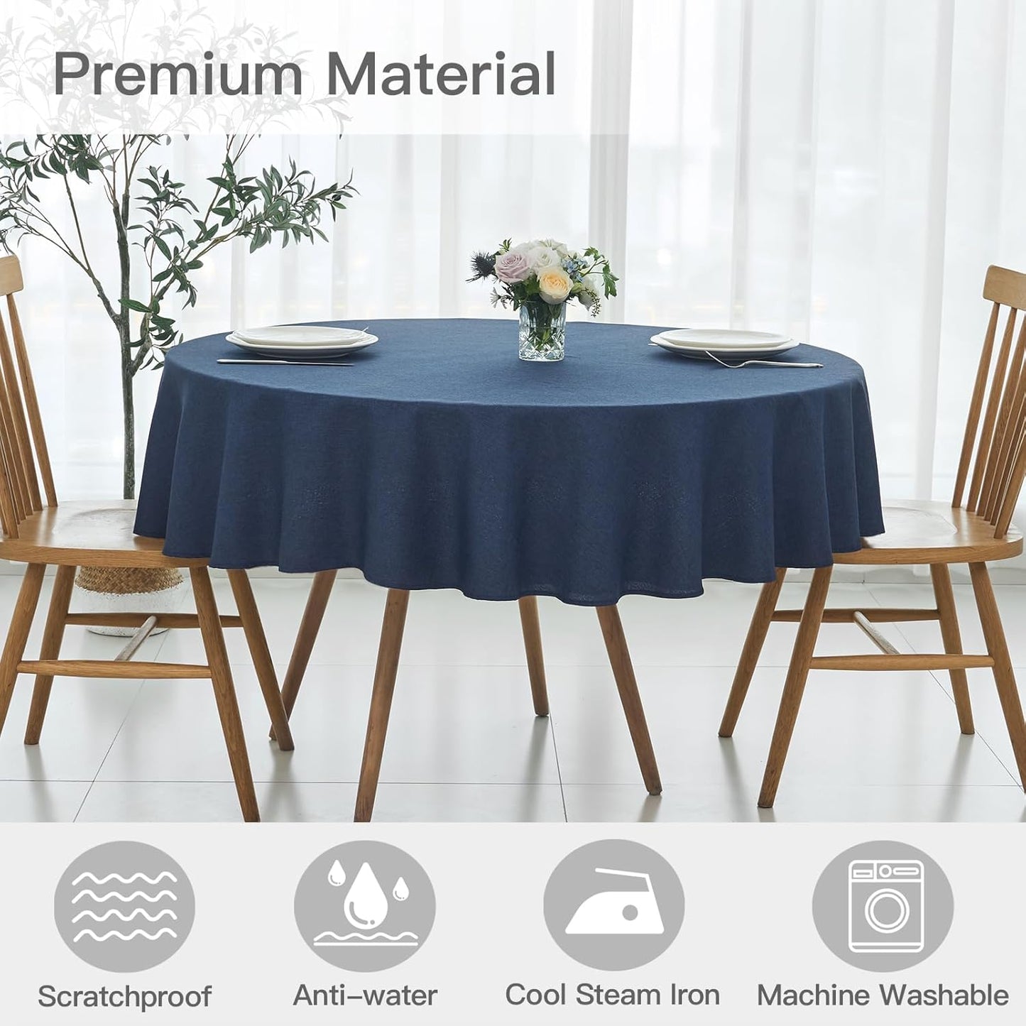 maxmill Round Linen Textured Tablecloth Spill-Proof Stainproof Wrinkle Free Washable Fabric Table Cloth for Circular Table Cover, Dining Room Buffet Banquet Parties Holiday Dinner, 70 Inch Navy Blue