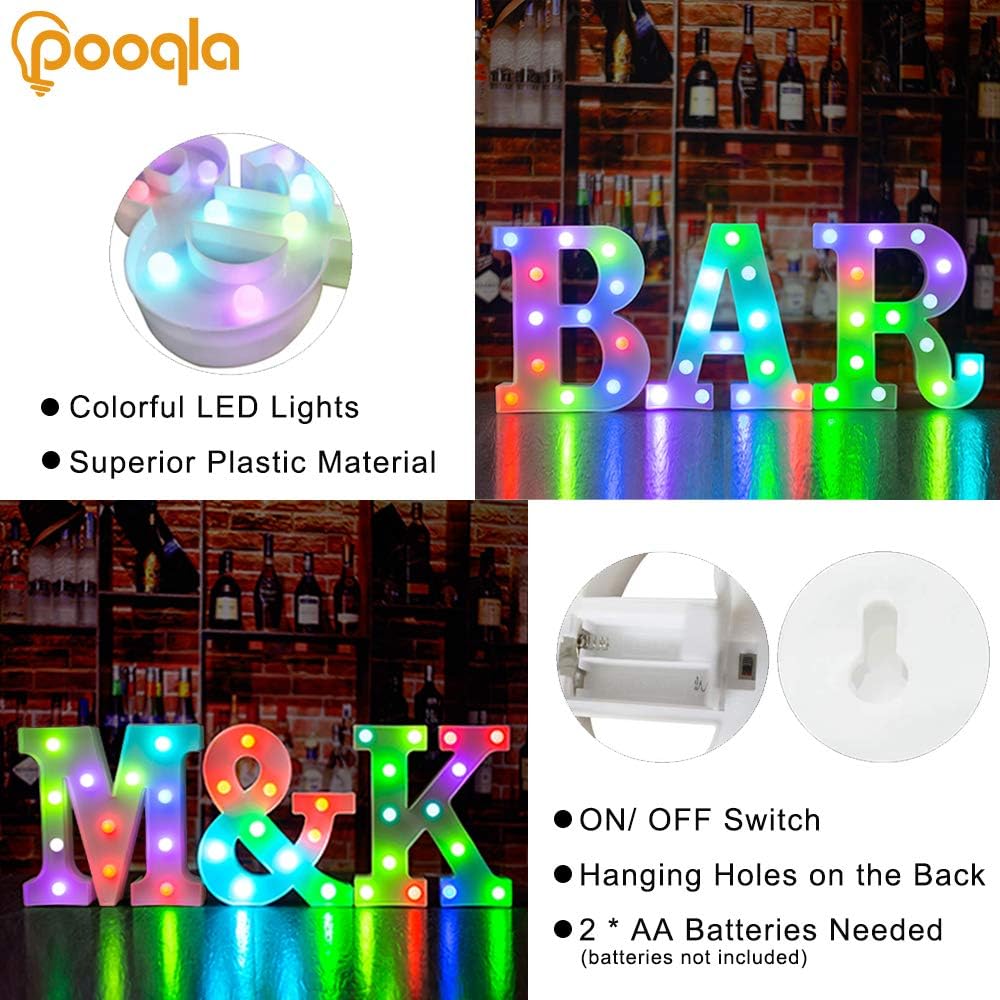 Pooqla Colorful LED Marquee Letter Lights with Remote – Light Up Marquee Signs – Party Bar Letters with Lights Decorations for The Home - Multicolor R