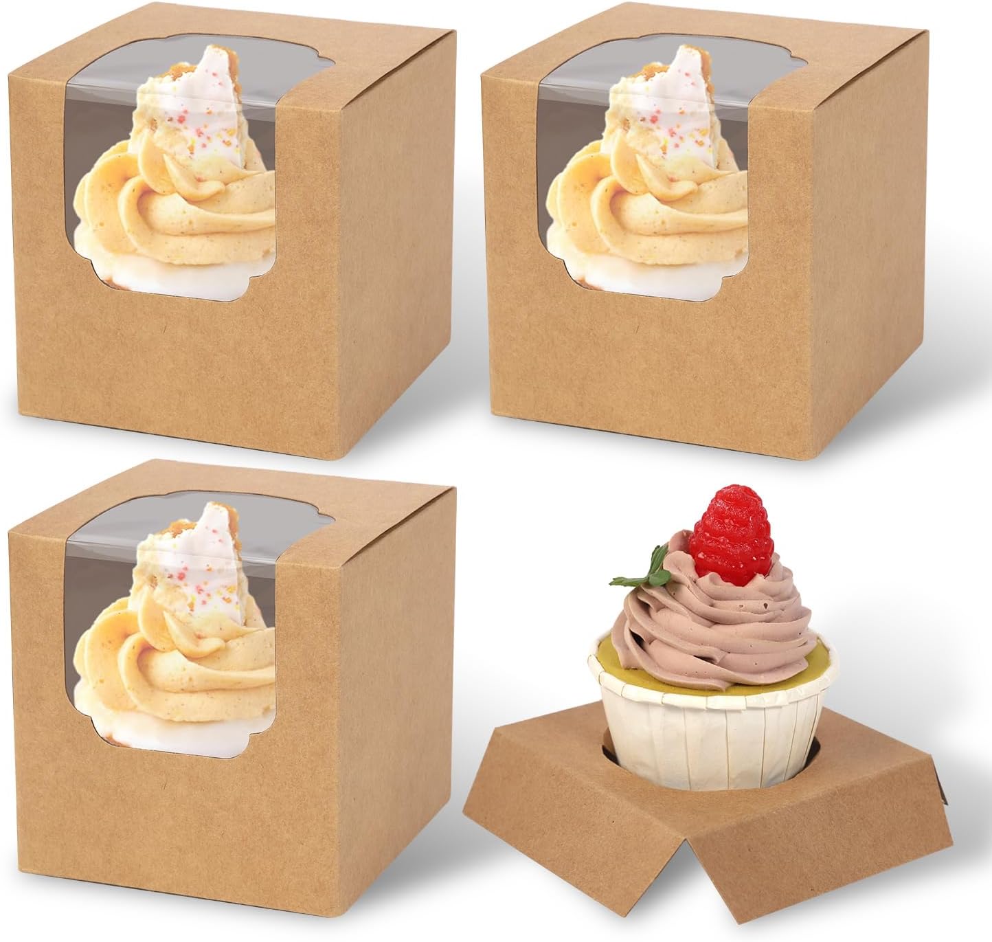 JCD 70 Packs 3.5" x 3.5" x 3.5"Pop up Cookie Boxes Kraft Brown Cupcake Individual Bulk Paper Cupcake Containers Single with Insert and Window,Cocoa Bombs Box for Bakery Gift (Brown/70Pcs)