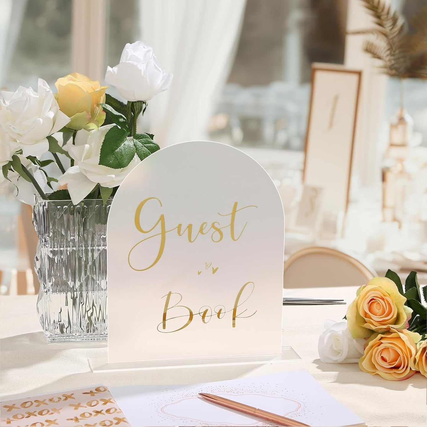 UNIQOOO 10 Pack Acrylic 8x10 Frosted Arch Table Sign for Wedding with Holders, 1/8 in Thick, DIY Blank Arch Sign Sheet Perfect for Decoration, Party,Anniversary, Event, Stand Included