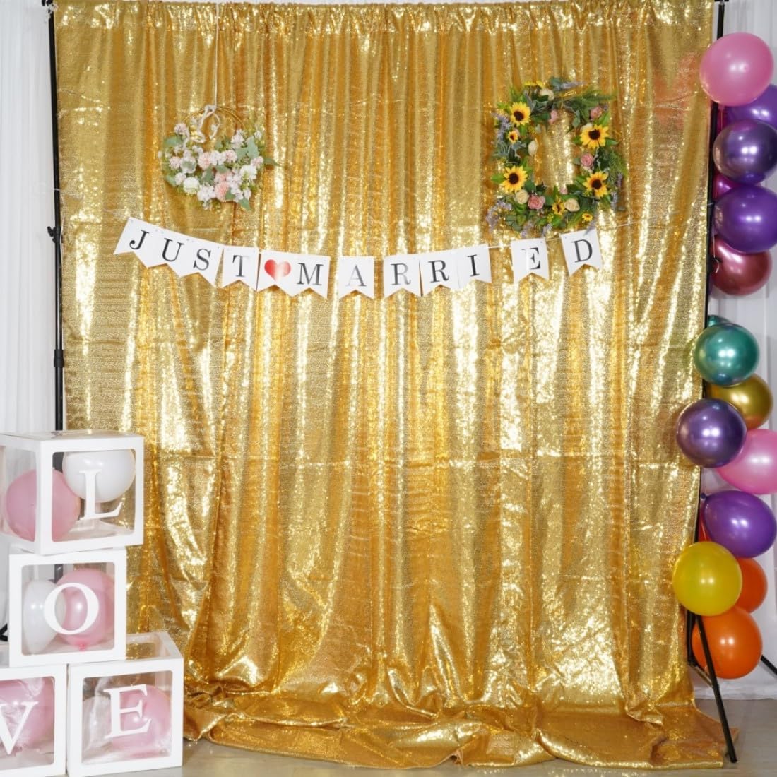 Poise3EHome 6Ft x 8Ft Gold Sequin Backdrop, Glitter Thick Satin Background Drapes, Sparkly Opaque Photography Curtain, Sequence Xmas Thanksgiving Backdrop for Wedding Party Holiday Festival Decor