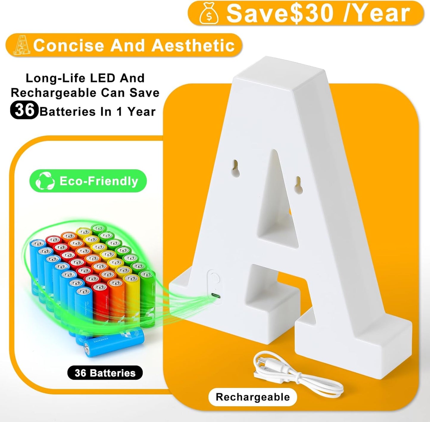 Foaky Rechargeable LED Letter Lights Sign Marquee Light Up Letters Sign for Night Light Wedding/Birthday Party Christmas Lamp Home Bar Decoration (V)