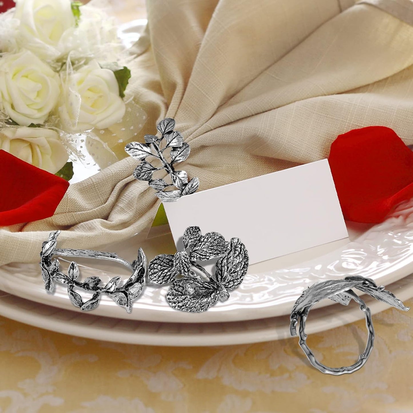 Cunhill 8 Pieces Herb Napkin Rings Set Vintage Leaf Napkin Holders Rings Glossy Holder Adornment Metal Table for Graduation Holidays Wedding Graduation Party Decor Everyday Use(Silver)