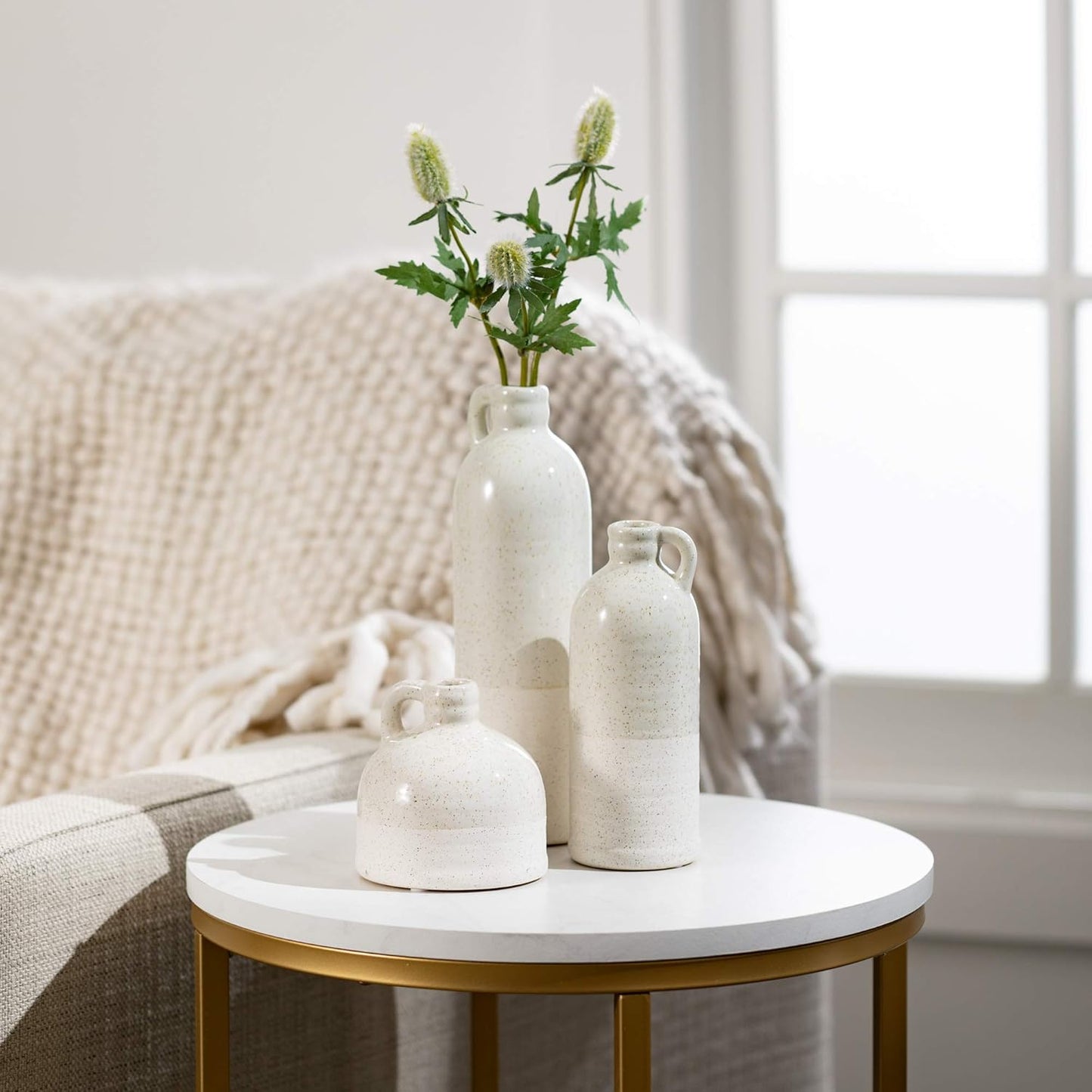 Sullivans Modern Farmhouse Distressed Two-Toned White Small Ceramic Jug Set of Three (3), 4, 7.5, 10” Tall, Crackled Finish Faux Floral Jugs, Distressed Decoration