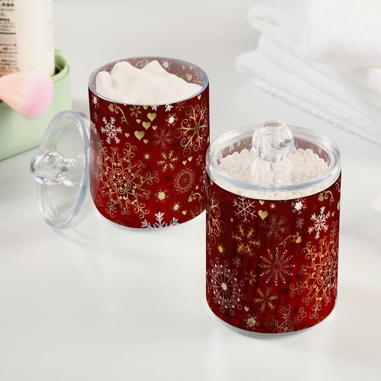 Gredecor Christmas Winter Qtip Holder Dispenser 2 Pack Gold and White Snowflakes Apothecary Jars with Lids Bathroom Vanity Countertop Canister Storage Organizer for Cotton Ball,Swabs,Pads,Floss