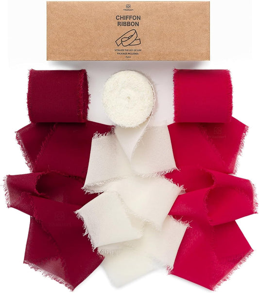 Vitalizart Red Handmade Chiffon Silk Ribbon Fringe 1.5" x 21 Yd Frayed Edges Ribbons for Wedding Invitations Bridal Bouquets Gifts Wrapping Crafts Holiday Party Decorations