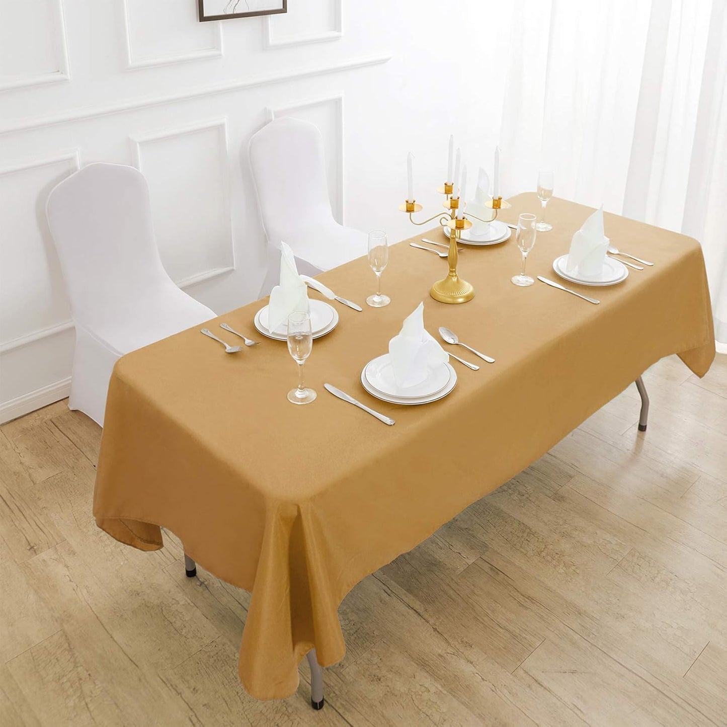 Rectangle Tablecloth 90x132 inch Washable Polyester Fabric Table Cloth for Wedding Party Dining Banquet Decoration（90x132, Gold）