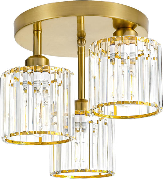 Modern Semi Flush Mount Ceiling Light, 3-Light Crystal Close to Ceiling Light Fixtures, Gold Kitchen Light Fixtures with Clear Crystal Shade, Hallway Light Fixtures for Hallway Bedroom Bathroom