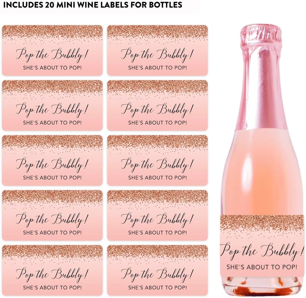 Andaz Press Mini Champagne Wine Bottle Baby Shower Labels, Pop The Bubbly! She's About to Pop!, Blush Pink Faux Rose Gold Glitter, 20-Pack Mini Champagne Bottles Baby Shower Champagne Bottle Stickers