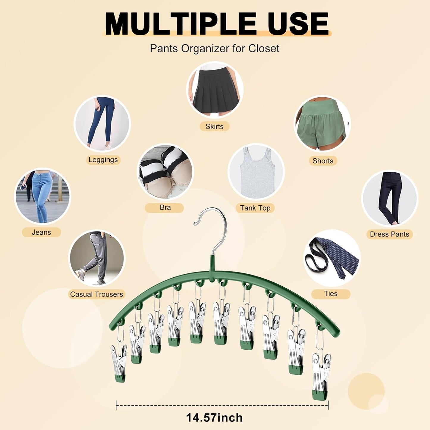 Legging Organizer for Closet, Metal Yoga Pants Hangers 1 Pack w/10 Clips Holds 10 Leggings, Space Saving Hanging w/Rubber Coated Closet Organizers and Storage, Green