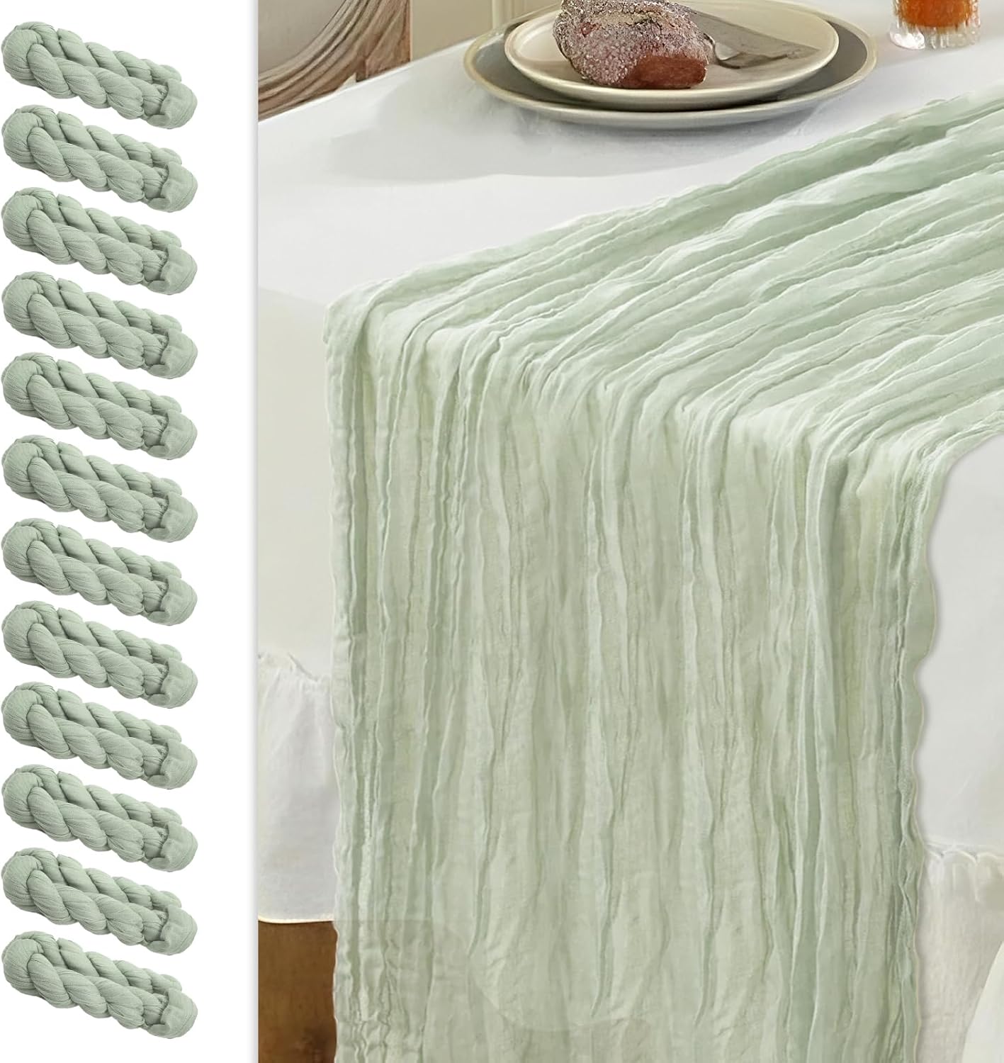 Le courant 12pcs 10Ft Cheesecloth Table Runner, Rustic Boho Gauze Cheese Cloth Runner Table Runner for Weddings Bridal Baby Shower Birthday Holiday Parties Home Decor, Sage Green