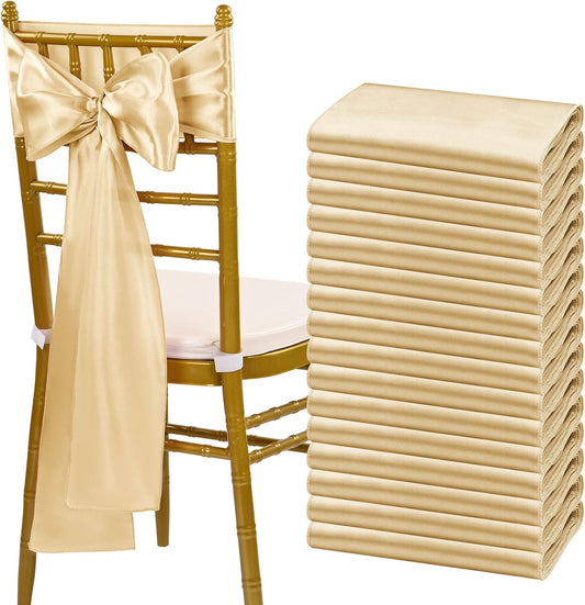 fani 60 PCS Champagne Satin Chair Sashes Bows Universal Chair Cover for Wedding Reception Restaurant Event Decoration Banquet,Party,Hotel Event Decorations (7 x 108 inch)