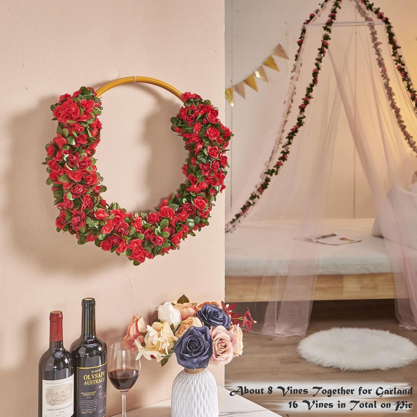 6 Pcs x 8.2 ft Flower Garland Artificial Rose Vine Flowers with Green Leaves Hanging Fake Roses Vine for Room Party Home Wedding Birthday Christmas Wall Arch Decor, Spring Red Flower