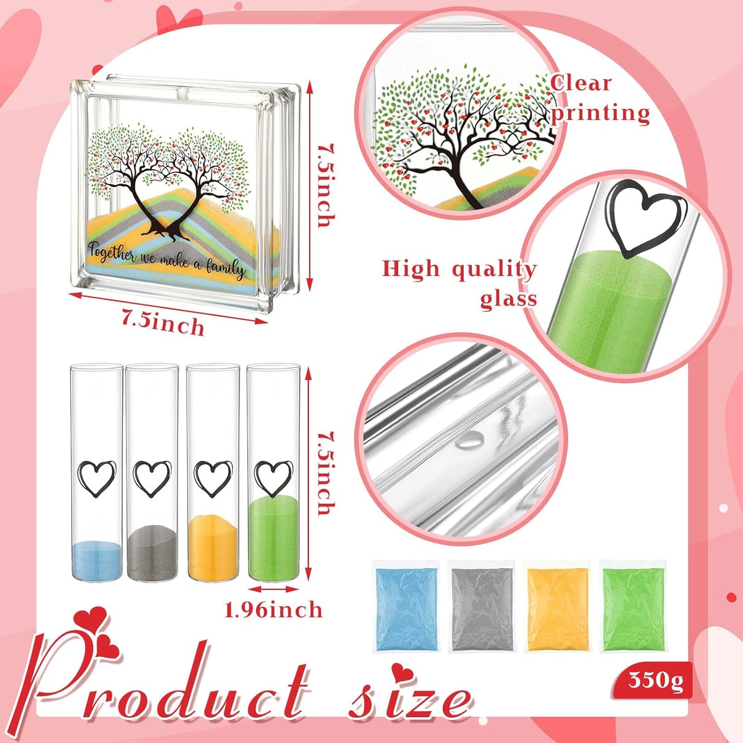 Wedding Unity Sand Set Include Vases Square Glass Jar Container 12 oz Sand for Blended Family Engagement Anniversary Bridal Party Outdoor Beach Decor(Classic Colors,Tree)