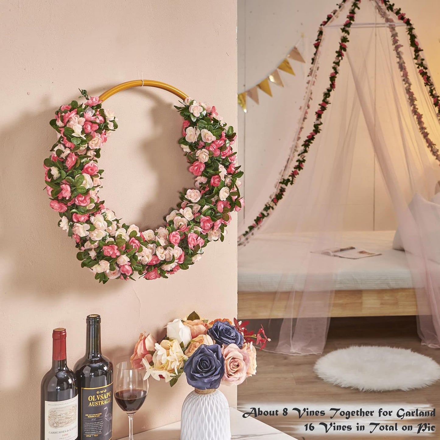 8 Pcs x 8.2 ft Flower Garland Artificial Rose Vine Flowers with Green Leaves Hanging Fake Roses Vine for Room Party Home Wedding Birthday Christmas Wall Arch Decor, Spring Pink Flower
