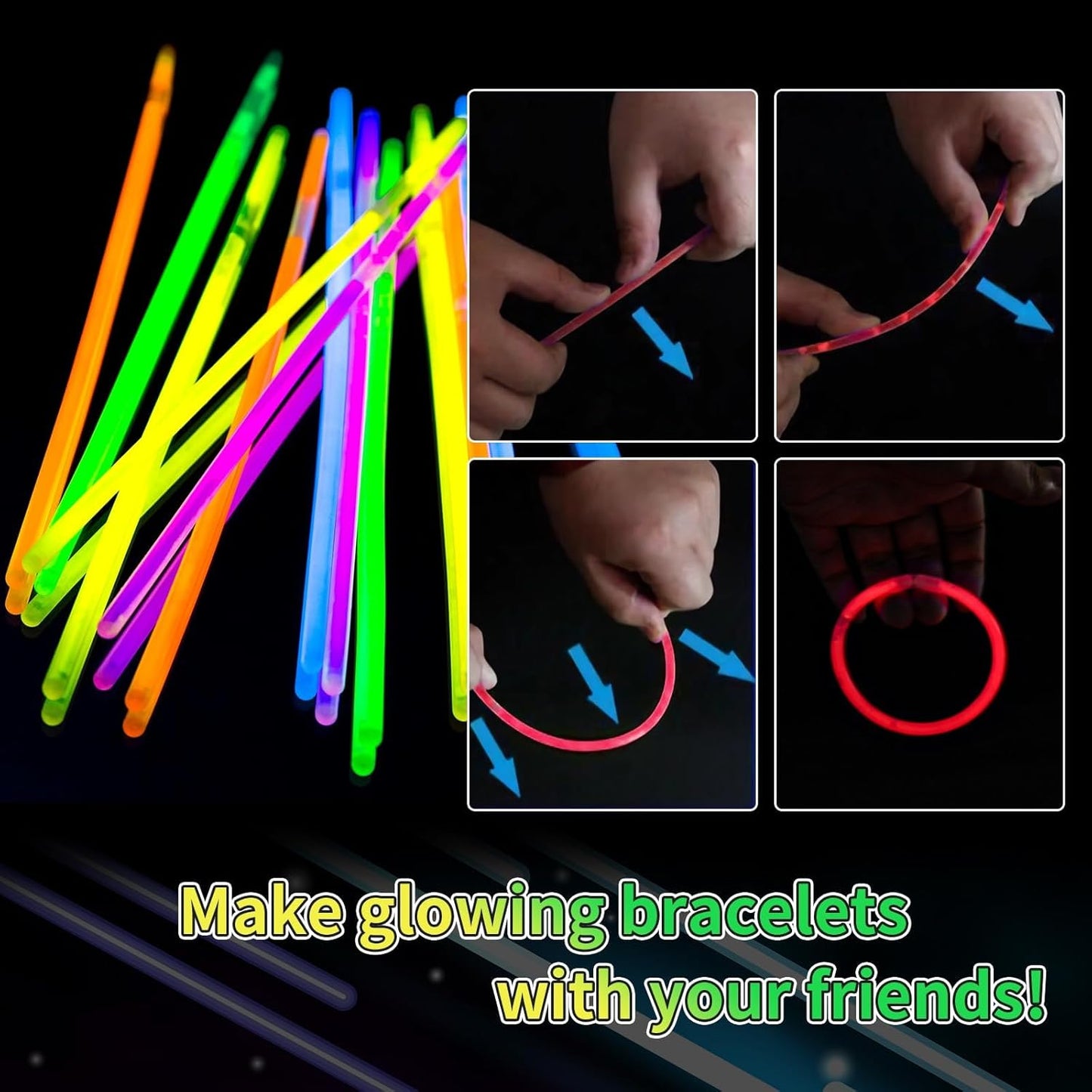 100 Pack 8” Yellow Glow Sticks Bulk with 100 Connectors Neon Glow In The Dark Party favors Supplies for Holiday Birthday Party Decoration (Yellow)