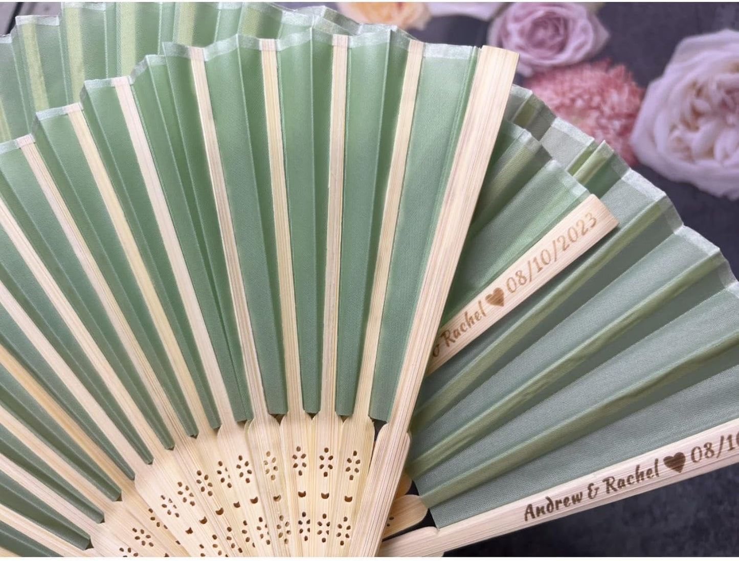 Personalized Wedding Fans Handheld Folding Fans (30Pcs) - Custom Engraved Green Silk Fans for Bridal Shower Favor/Baby Shower Favor, Birthdays Party Gifts/Gifts for Party Guests