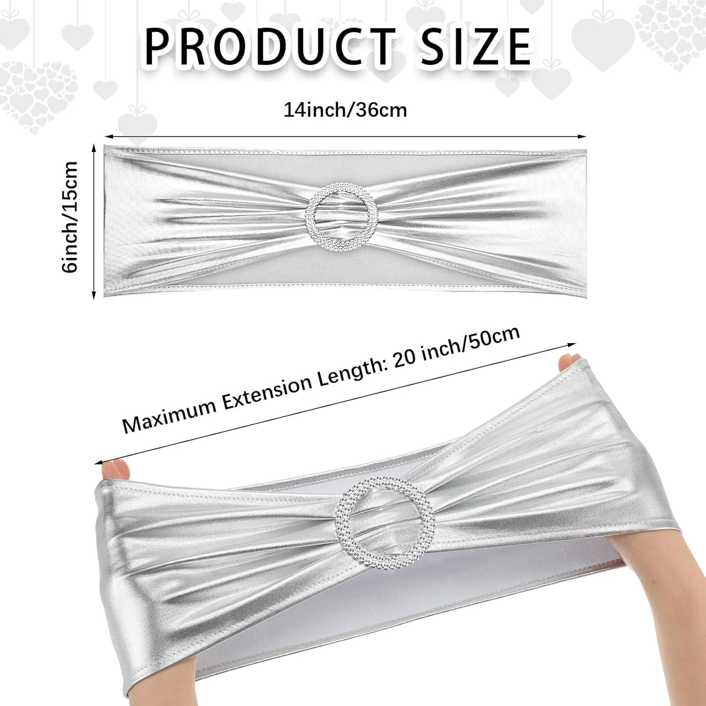 CHENGU 150 Pieces Spandex Stretch Chair Sashes Bows Elastic Chair Cover Bands Ties with Buckle Slider for Wedding Party Reception Events Universal Ceremony Banquet Decorations (Silver)