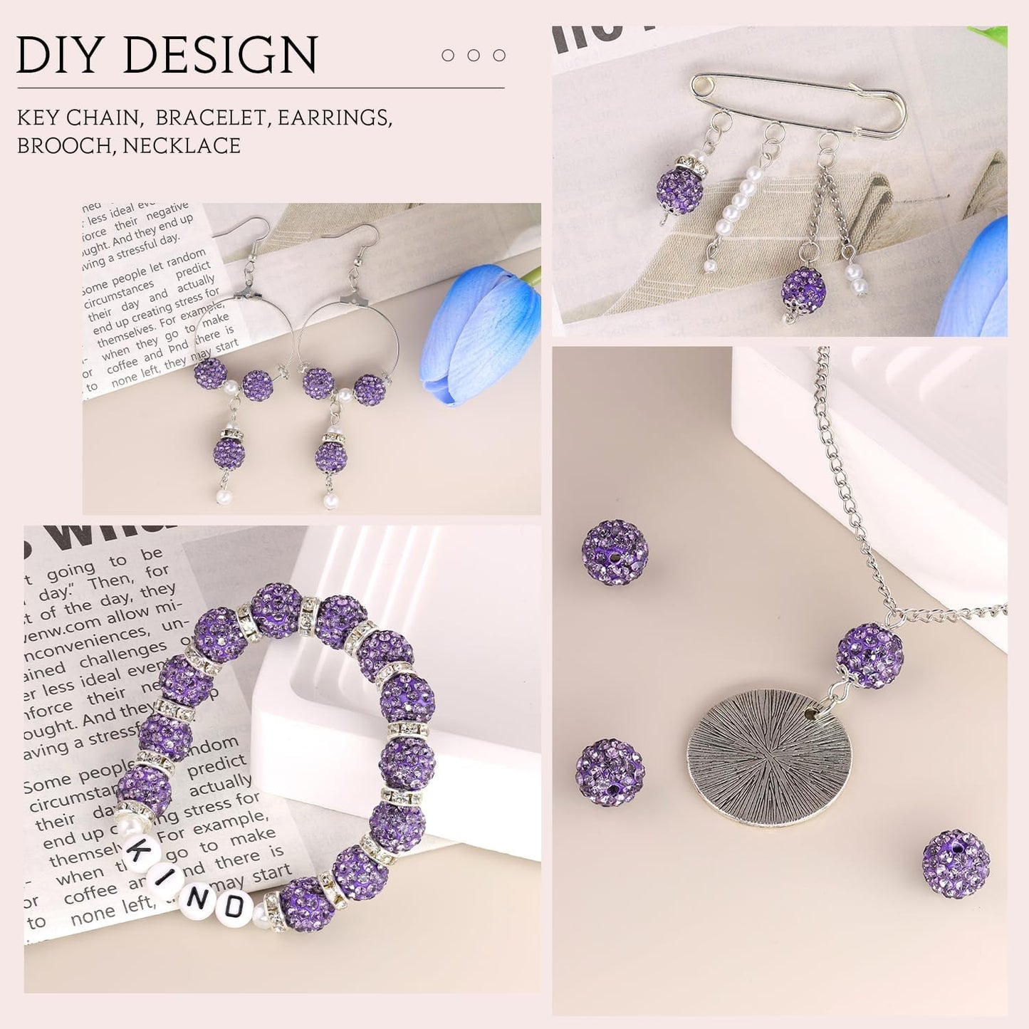100 pcs 10mm Rhinestone Beads for Jewelry Making, Purple Shiny Round Shamballa Disco Beads Bulk, Sparkle Crystal Clay Christmas for Bracelet Baseball Necklace Earring Crafting and DIY